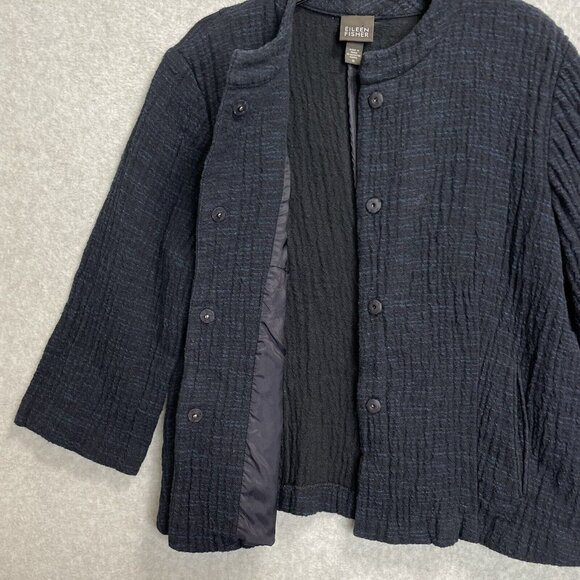 Eileen Fisher Gauze Jacket Womens Medium Navy Blue Long Sleeve Cotton Gauzy Boxy - Picture 5 of 11